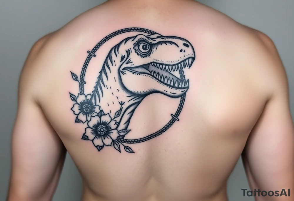Trex dinosaur in the styling of an traditional portrait with rope border and flowers tattoo idea