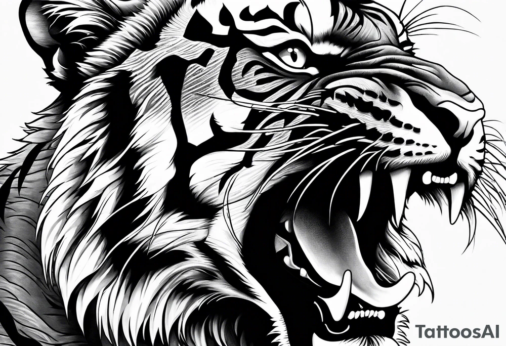 Photo Realism, highly detailed, Fierce tiger roaring tattoo idea