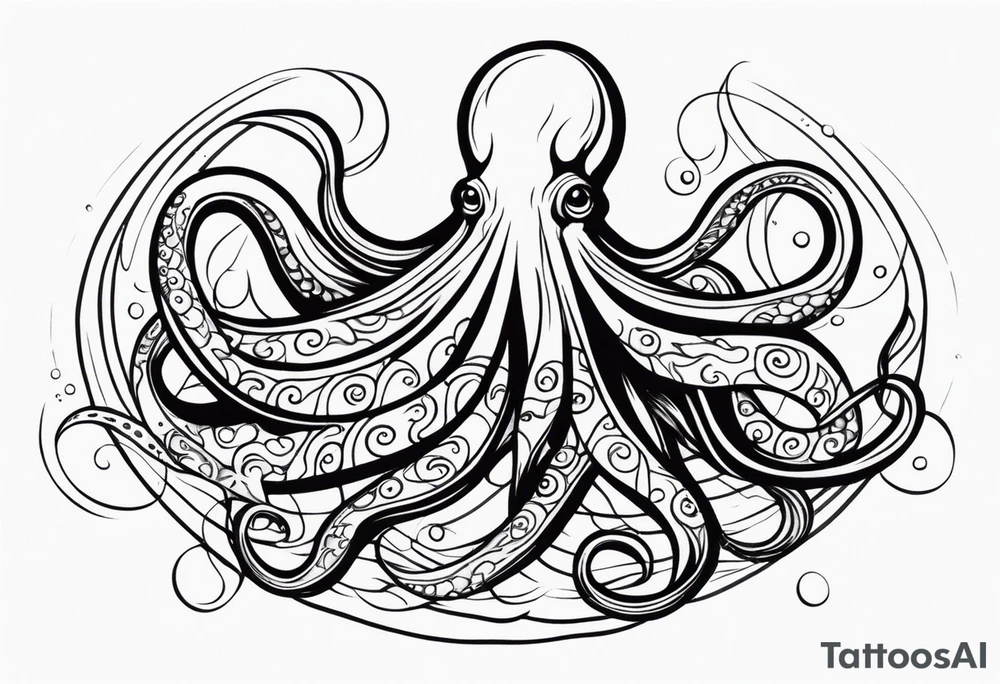 Tribal half sleeve. octopus surrounded by ribbons of water waves filled with fish. the octopus has small eyes. Use thick lines only with less detail. tattoo idea