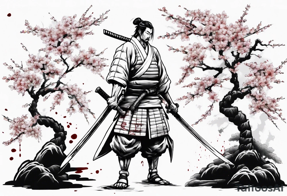 A samurai standing with his back among swords, he has a hole in his back and where the blood came from he saw sakura leaves tattoo idea