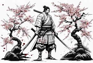 A samurai standing with his back among swords, he has a hole in his back and where the blood came from he saw sakura leaves tattoo idea