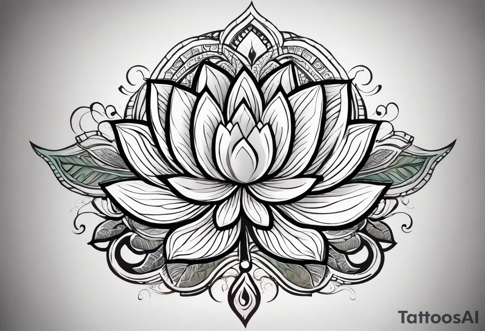 Make a strong looking combination of a  lotus flower, stone, a science helix and a Greek delta that will take up the upper left portion of my back. you will see within the lotus’s leaves should a rocky area to symbolize strength, a helix to symbolize resiliency and a Greek delta to symbolize transformation. The tattoo should overall represent resiliency and strength and present a strong, firm foundation that displays strength in the face of trauma. Make sure to also be able to identify the rock, the helix and the delta symbol separately and not mixed together tattoo idea