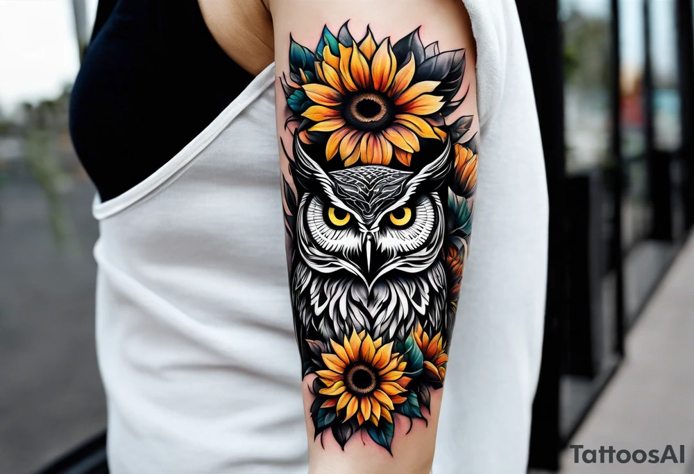 Arm sleeve with colorful sunflowers and an owl tattoo idea