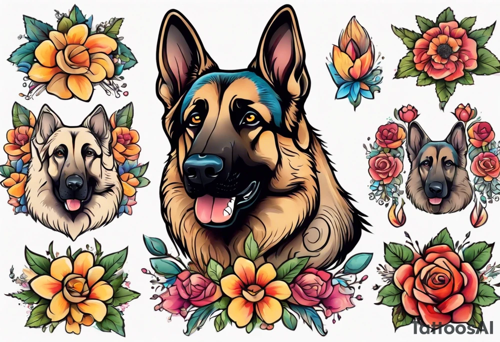 Sable haired German shepherd portrait brightly colored with flowers tattoo idea