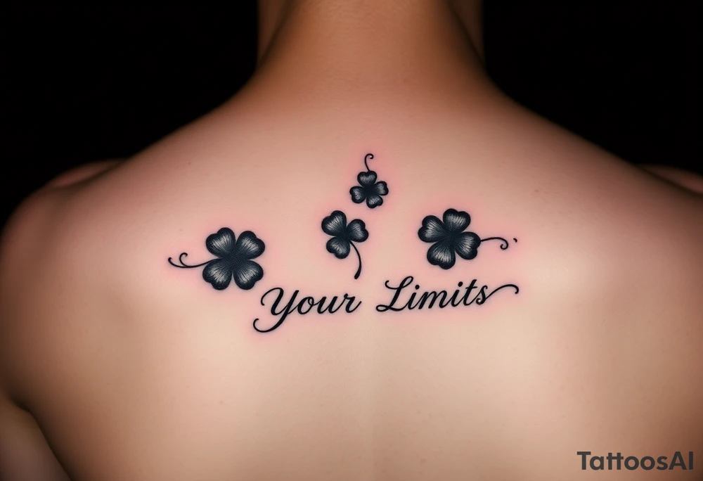 Black 5 leaf clovers ( with red aura ) surrounding the words “ Surpass Your Limits” forearm tattoo inspired by Black Clover anime tattoo idea