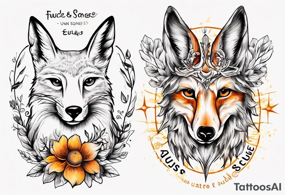 Fuchs und Eule unter der Sonne mit dem Schriftzug Sapere Aude tattoo idea
