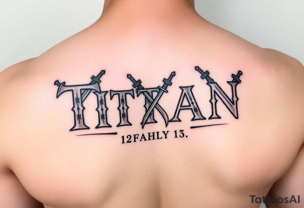 Name ‘Titan’ with birthday, Greek mythology inspired font with mini swords tattoo idea