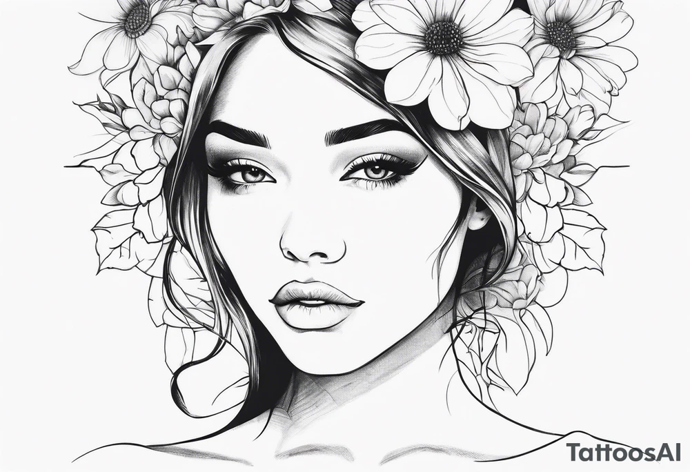 flowers aeound womans face detailed tattoo idea
