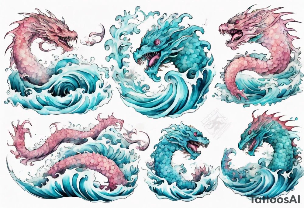 a beautiful turquoise and white and pink sea monster rising from the blue waves of the ocean tattoo idea