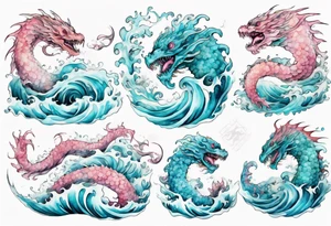 a beautiful turquoise and white and pink sea monster rising from the blue waves of the ocean tattoo idea