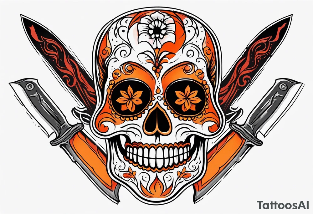 Orange Sugar skull with knifes that are orange and red with smoke around it tattoo idea