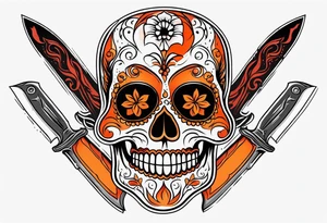 Orange Sugar skull with knifes that are orange and red with smoke around it tattoo idea
