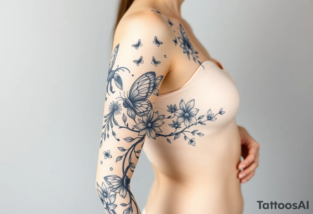 Magical mythical animal sleeve with fairies and flowers, including some geometric aspects tattoo idea