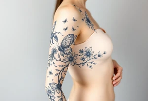 Magical mythical animal sleeve with fairies and flowers, including some geometric aspects tattoo idea