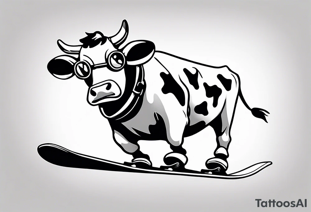 Create a minimalist and dynamic black and white tattoo design featuring a cheerful cow engaged in a snowboarding activity, wearing goggles. Emphasize clean lines and essential details to capture the playful spirit of the scene. The cow should be depicted confidently snowboarding down a snowy slope, with a sense of balance and joy, and wearing stylish goggles. Pay attention to the composition, ensuring that the tattoo design is suitable for a small to medium-sized space. The goal is to convey a lighthearted and whimsical vibe with the addition of the goggles, making the design visually appealing and suitable for tattooing. tattoo idea