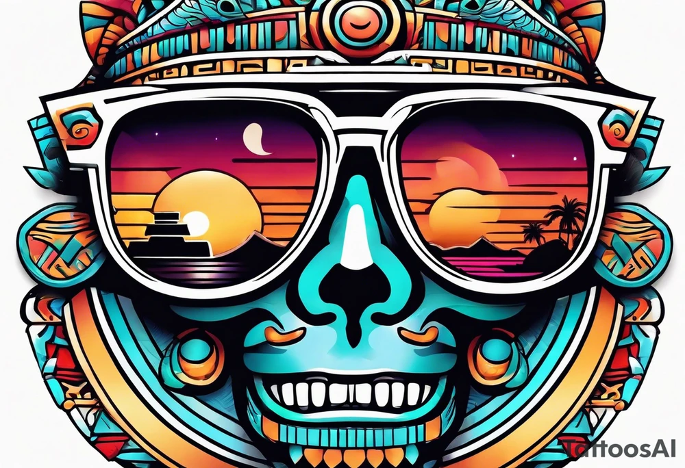 Colorful simple Mayan hieroglyph wearing sunglasses tattoo idea