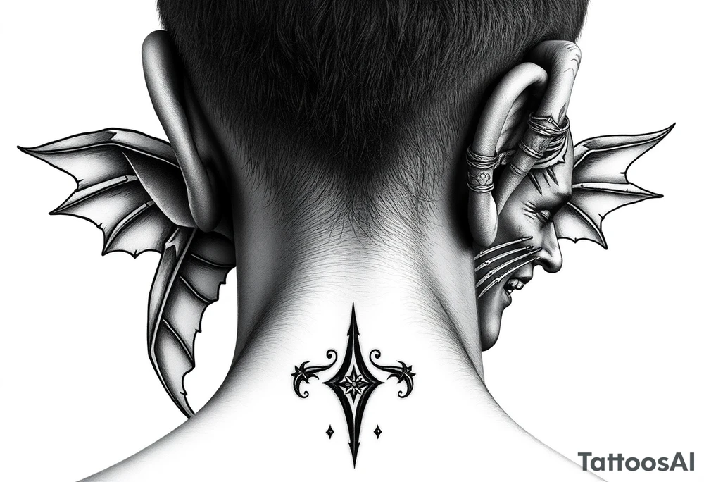position behind the neck Angel (on the right) whispering in the right ear, demon (on the left) whispering in the left ear tattoo idea