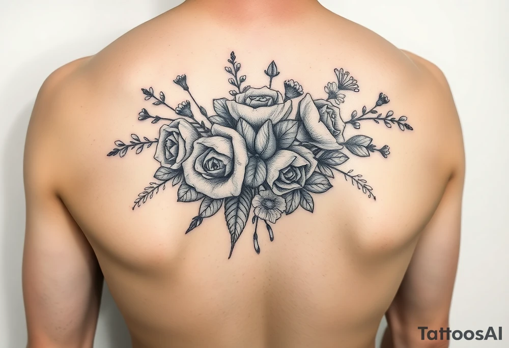 vintage bouquet of wild roses and meadow flowers with morning dew tattoo idea