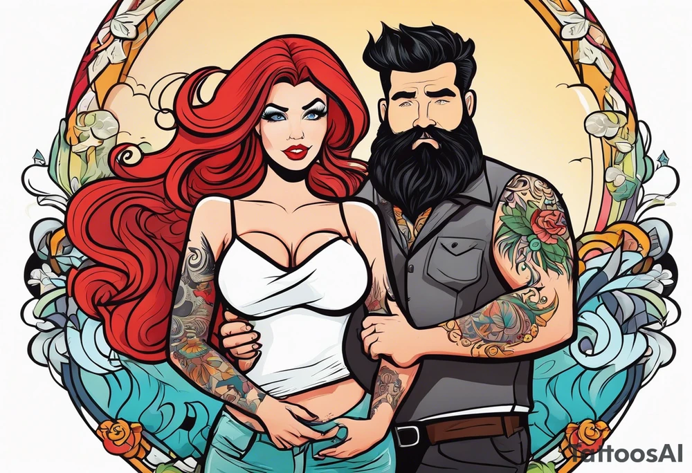 Busty red haired woman with a bearded man who has black hair tattoo idea