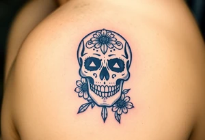 Masculine sugar skull with diamonds and daisy tattoo idea