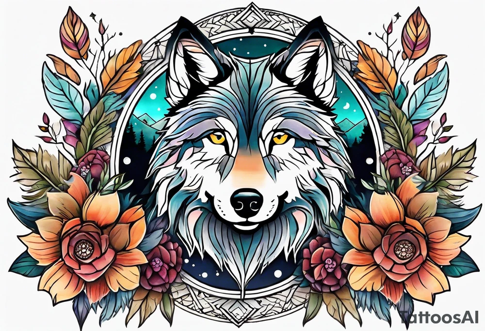 A whimsical wolf tattoo featuring mandala or dream catcher elements, with the wolf as the central focus. Show the wolves whole body standing surrounded by mountains in the background. Include flowers and nature elements to fill the space around the wolf. Some color but not completely solid bold color tattoo idea
