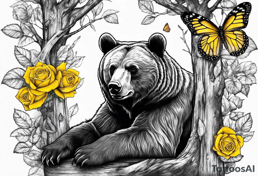 A bear sitting under the tree of life with three yellow roses, and three butterflies tattoo idea