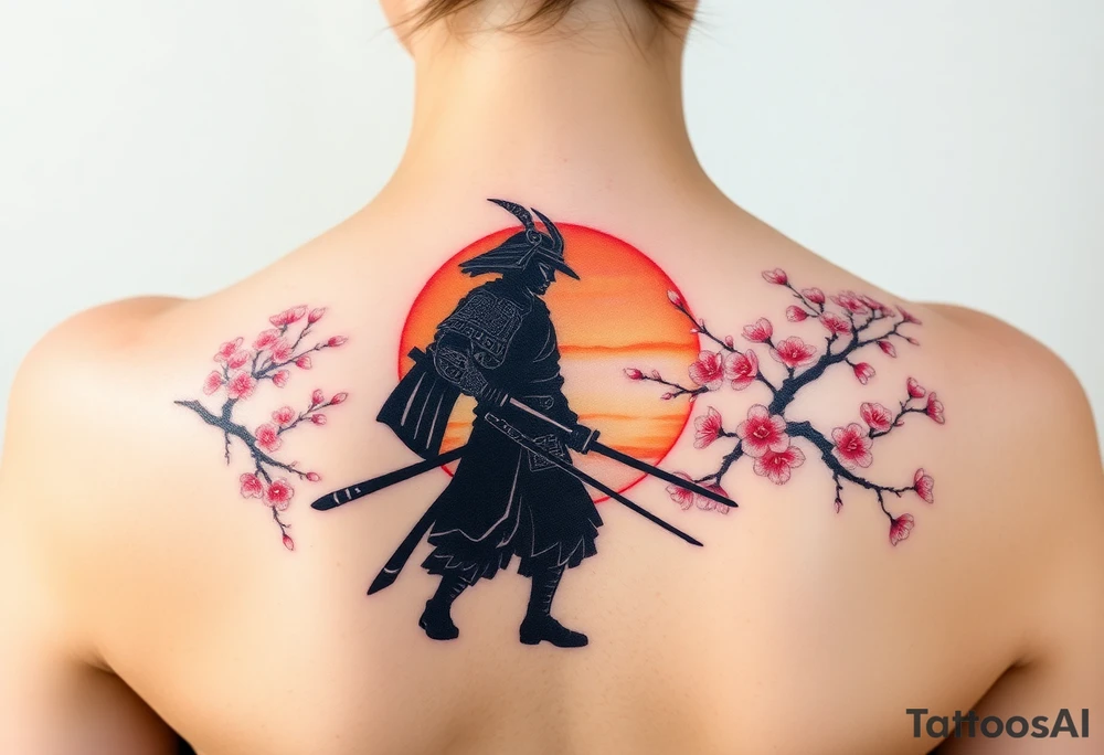 noble samurai warrior silhouette at sunset with cherry blossoms tattoo idea