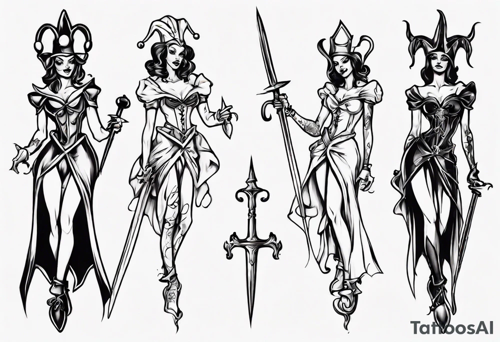Fantasy female court jester holding sword tattoo idea