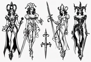 Fantasy female court jester holding sword tattoo idea