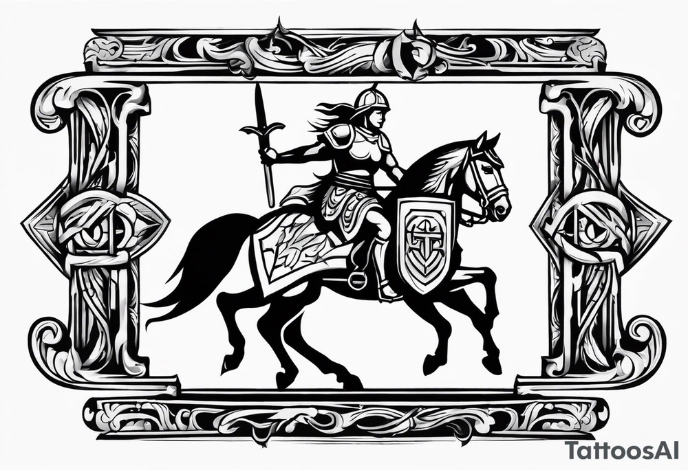 warrior on a horse with a shield and a sword. On his shield I want the word "Love" written tattoo idea