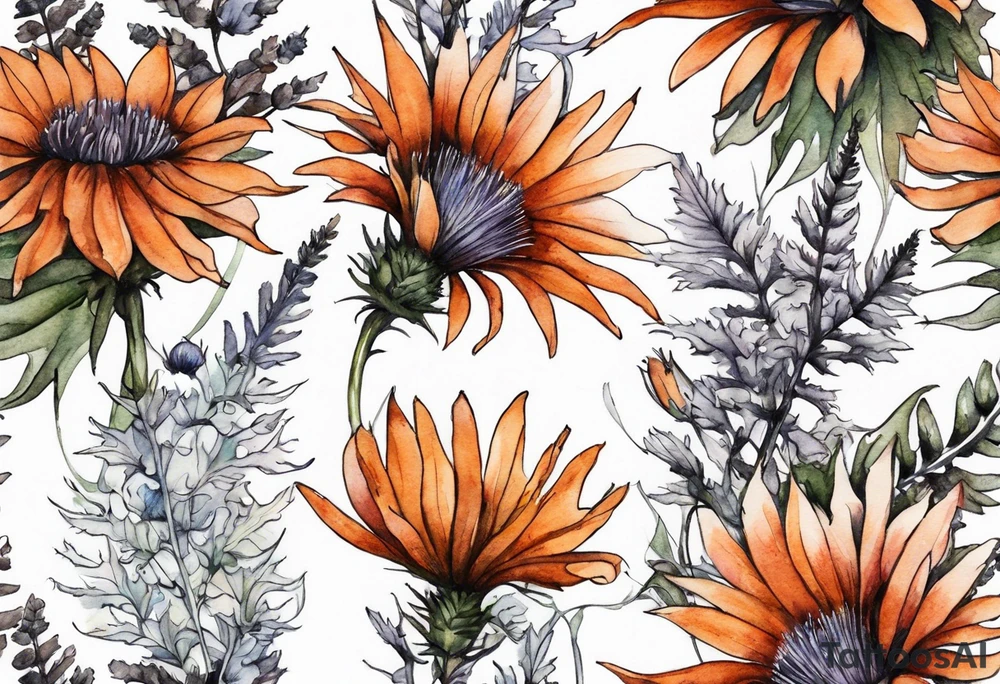 cascading mixed colored wildflowers with thistles, ferns, burnt orange flowers all in watercolor tattoo idea