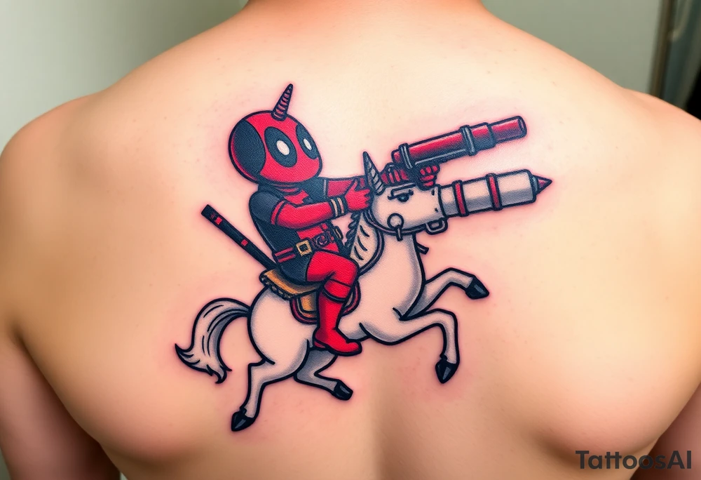 Deadpool riding unicorn pointing rocket propelled grenade launcher tattoo idea