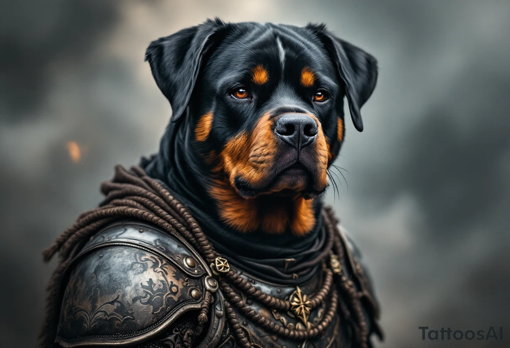 Warrior Rottweiler with Armor – A battle-ready Rottweiler wearing medieval-style armor with silver and bronze tones, set against a stormy background. tattoo idea