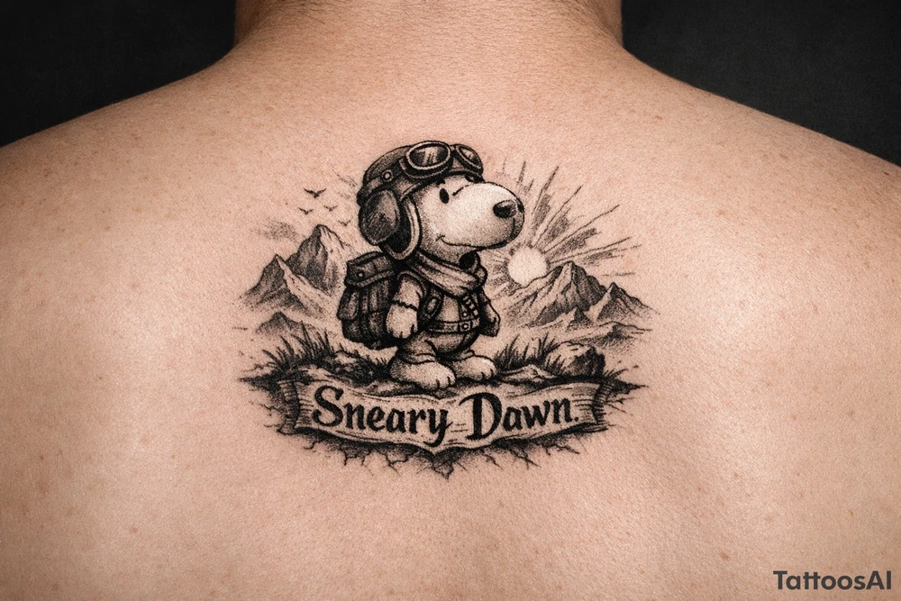 Small snoopy with saying Sneary Dawn tattoo idea