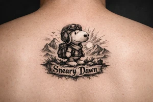 Small snoopy with saying Sneary Dawn tattoo idea