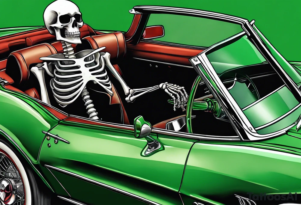 Skeleton smoking a cigarette driving a green 1976 convertible Corvette tattoo idea