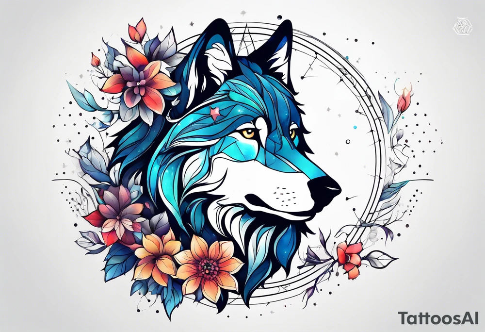Constellation, animal wolf snow , géométric , flower tattoo idea