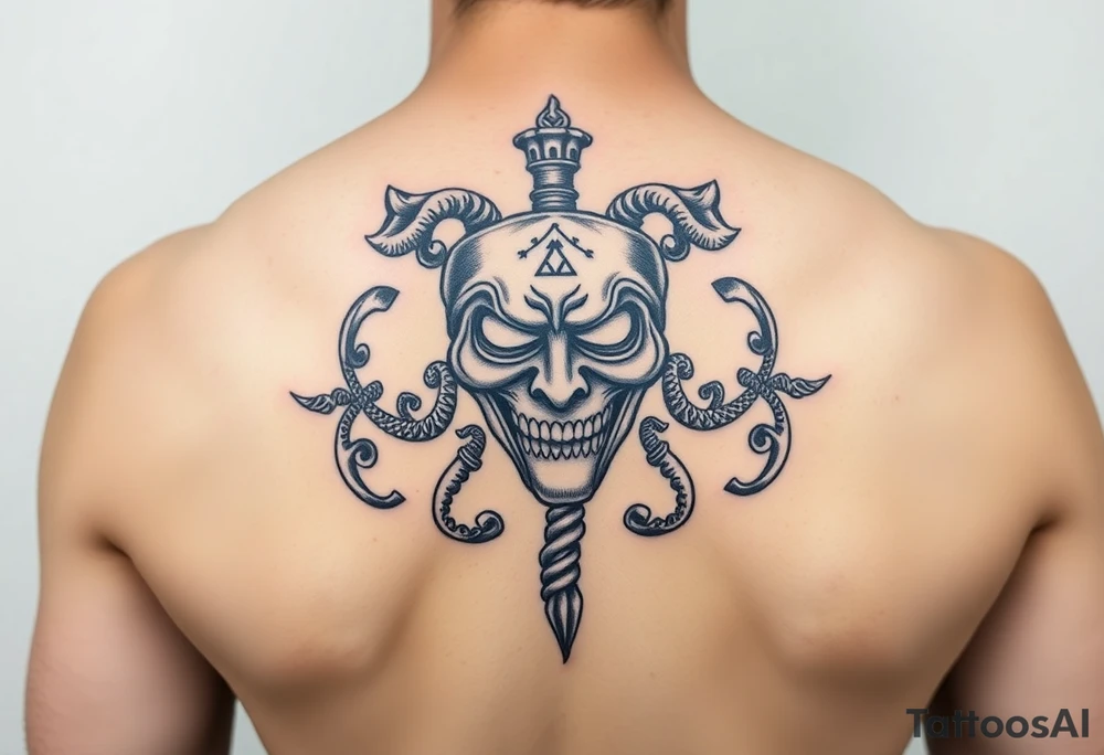 caduceus with greek symbols around. Comedy tragédiu dráma maska tattoo idea