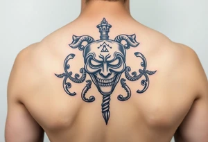 caduceus with greek symbols around. Comedy tragédiu dráma maska tattoo idea