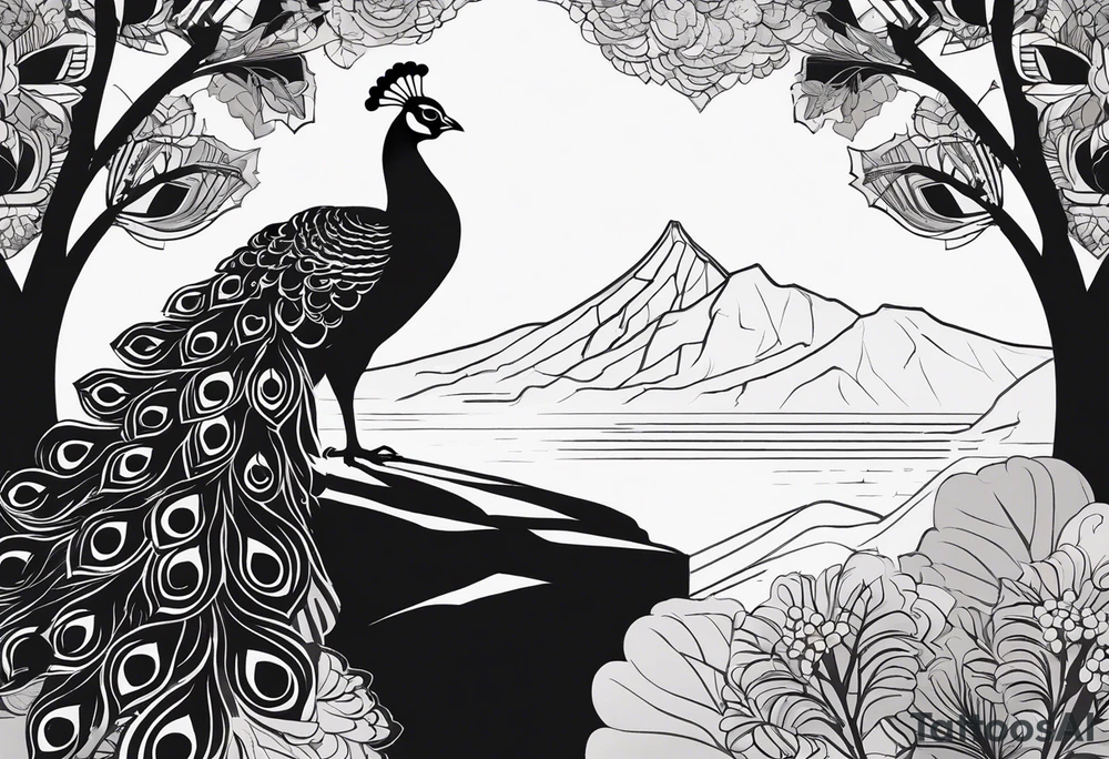 Black and white silhouette illustration of a peacock with a beautifully fanned tail, standing on a rock. The intricate lines of the peacock’s feathers are elegantly arranged, emphasizing the grandeur of its tail. The rock is surrounded by abstract representations of grape leaves. The background features stylized, minimalistic mountain shapes, trees, and distant buildings. The overall scene is enveloped in a foggy atmosphere, with soft, flowing lines to suggest mist and depth. The contrast between the silhouette of the peacock and the misty landscape creates a serene, dreamlike composition. tattoo idea