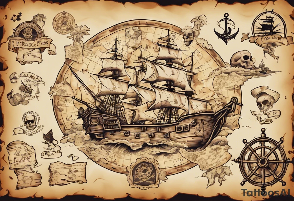 a back tattoo of a pirate treasure map with an island shaped like a big skull with clues to different areas of treasure tattoo idea