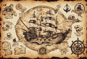 a back tattoo of a pirate treasure map with an island shaped like a big skull with clues to different areas of treasure tattoo idea