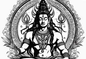 envision Shiva in a dynamic pose, surrounded by symbols representing adventure and karma, with flowing elements to signify your go-with-the-flow attitude. tattoo idea