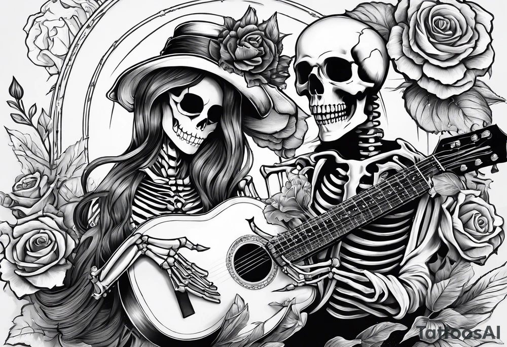 a female skeleton holding a hibiscus flower and a male skeleton playing a guitar. The scene should capture a moment of connection between the two, with the female skeleton attentively listening to the music played by the male skeleton. tattoo idea