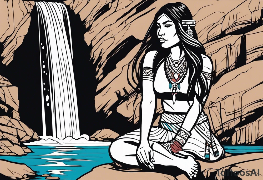 A native American Indian woman by a waterfall she is Aquarius water barrer she has tattoos and her eyes can see right through you tattoo idea