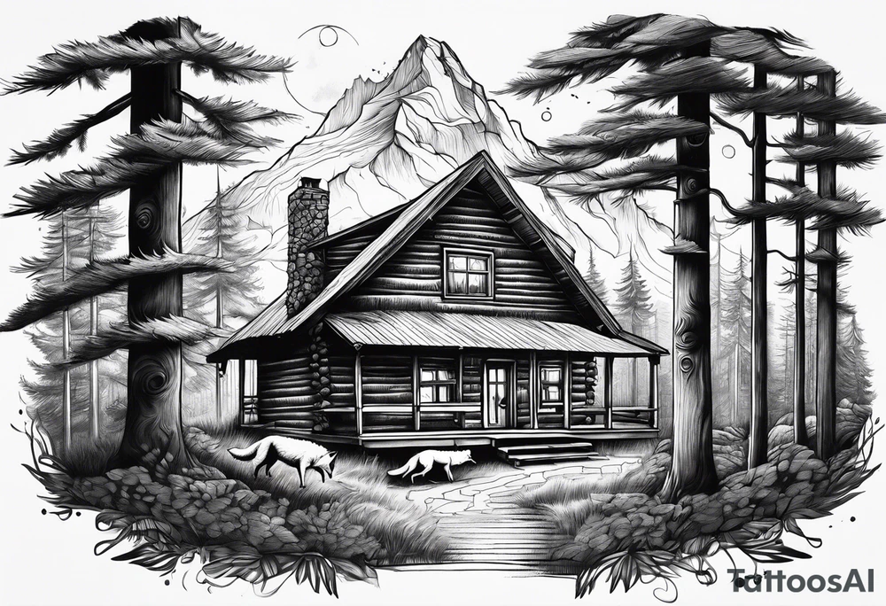 Woods with a cabin and a wolf tattoo idea