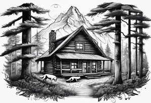 Woods with a cabin and a wolf tattoo idea