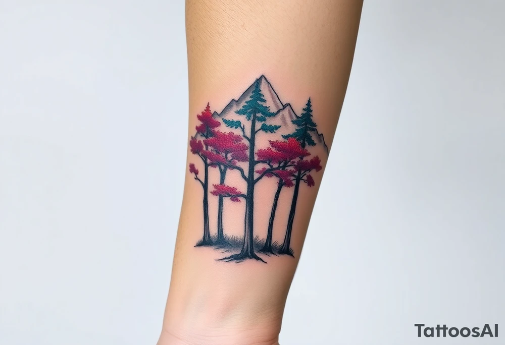 Lower forearm, trees with mountains in background, leaves on the trees are pink, purple, teal, red tattoo idea