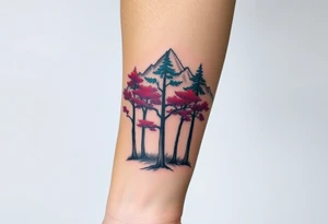 Lower forearm, trees with mountains in background, leaves on the trees are pink, purple, teal, red tattoo idea