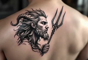 young poseidon, with trident, looking at the horizon tattoo idea